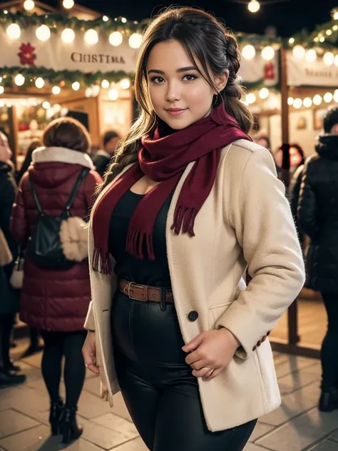 At the Christmas market at the mulled wine stand, a beautiful voluptuous woman, curvy body shape, wide waist, french braid, scarf, wool jacket, tight pants, Getting comfortable, depth of field, bokeh, shot from above,