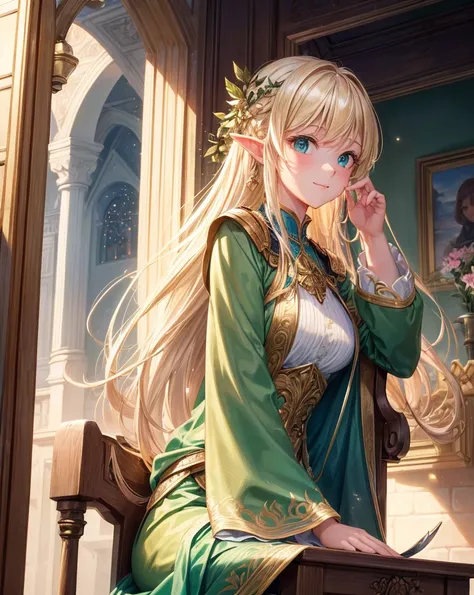 (((masterpiece, highest quality, High resolution, high detail)))), (((fantasy))), ((City walls)), ((Inside the inn)), (Sit in a chair and look out the window))), ((People passing by the city々)), One, Elven Woman, White short skirt with gold embroidery, Hig...