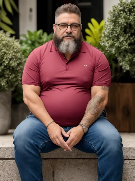 Veste roupas da moda, mesa,alta qualidade,altamente detalhado,cena intensa, solid, Gritty Reality Scenario for 42 Year Old Sexy Fat Bearded Man,cheio de suor,corpo todo,barriga grande, wearing prescription glasses or Sport glasses with red transfer lenses ...