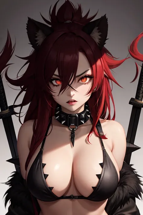 Gnoll woman, woman, red eyes, black fur, spike collar, Gnoll woman, big , big tighs, 4k, hd, pretty face, messy hair, menacing, acurrate eyes, sharp pupils, scary look, sword, (human head), (Mohican), (tribal clothing), exposed belly, (red hair), (hyena ea...