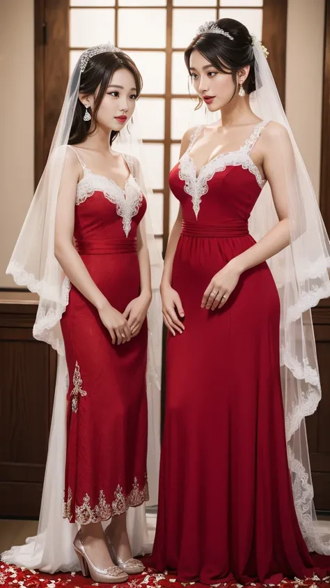 (8k, RAW photo, best quality, masterpiece:1.2),(realistic, photo-realistic:1.37),(Ultra-realistic 8k CG: 1.2), Ultra High Resolution, (two girls, a Japanese girl and an Indonesian girl:1.6), bare shoulders, Cinematic lighting, (red longdress wedding dress:...