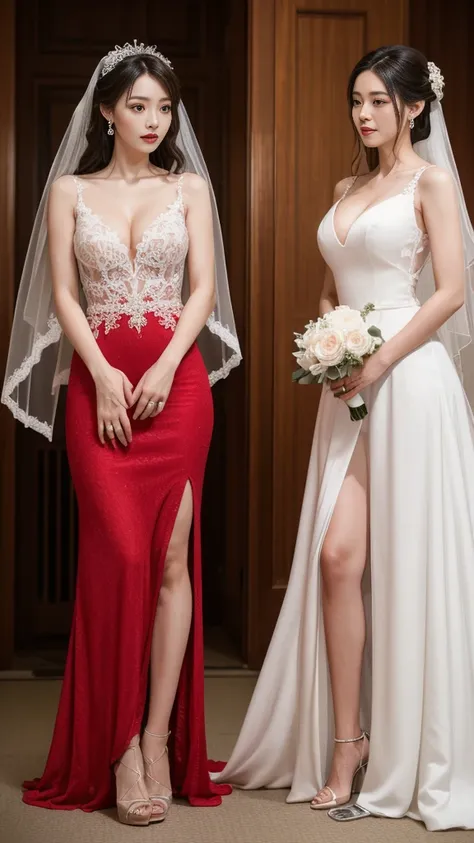 (8k, RAW photo, best quality, masterpiece:1.2),(realistic, photo-realistic:1.37),(Ultra-realistic 8k CG: 1.2), Ultra High Resolution, (two girls, a Japanese girl and an Indonesian girl:1.6), bare shoulders, Cinematic lighting, (red longdress wedding dress:...