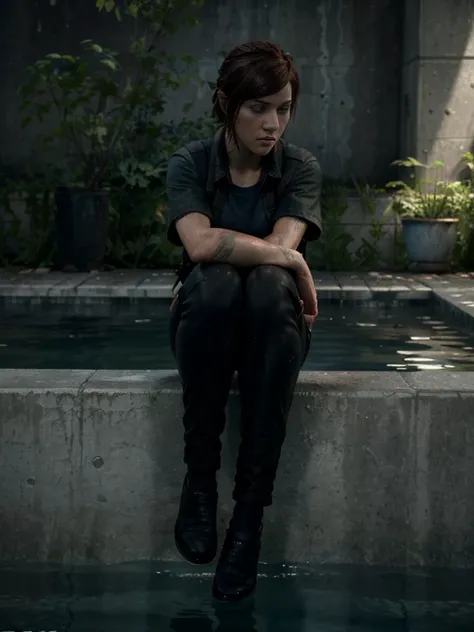 (Ellie) from (the last of us 2) wearing a gray short sleeves coat sitting on the edje of a pool with ((both of her legs being in th water)) and ((looking down)) (sad expression) and wearing ((black pants)) (front view)