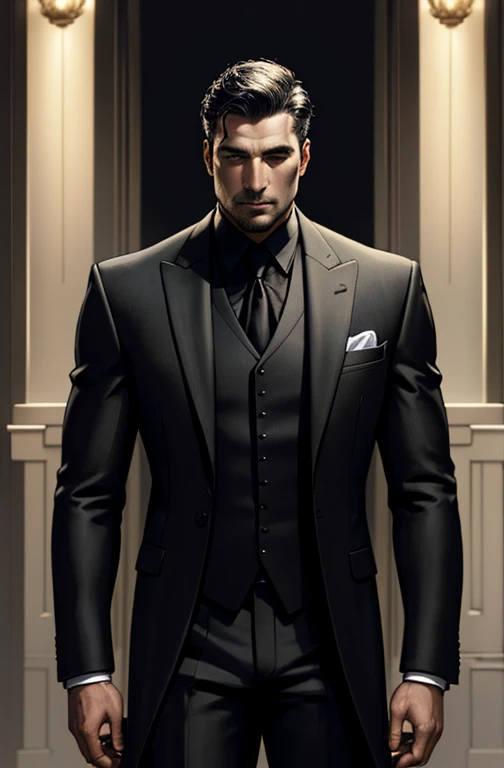 wealthy man, wearing suit, standing, comic , epic, realistic,  warm lights, dramatic light intricate details, outside a luxury house, perfect lighting, perfect shading, (((black suit)))