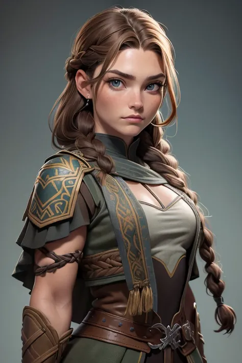 (Obra maestra, La mejor calidad) (young warrior woman of nordic descent), (ojos verdes), (Muscular), (falda de piel), (brown hair color),(loose hair with small braids on the scalp), (top con correa de cuero) plumas, capa sobre el hombro, bufas, (azul, gray...