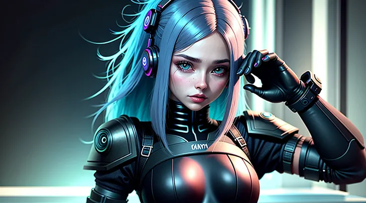 garota cyberpunk, fone de ouvido、🎧、cor colorida do cabelo, cabelo longo, corpo inteiro