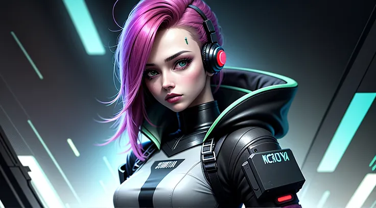 garota cyberpunk, fone de ouvido、🎧、cor colorida do cabelo, cabelo longo, corpo inteiro