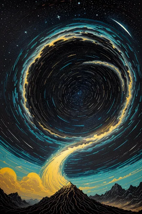 this painting has stars and
clouds in black night sky, in the
style of aaron horkey, dan
mumford, light yellow and dark
azure, swirling colors, animated
gifs, whistlerian, mystical
terrains