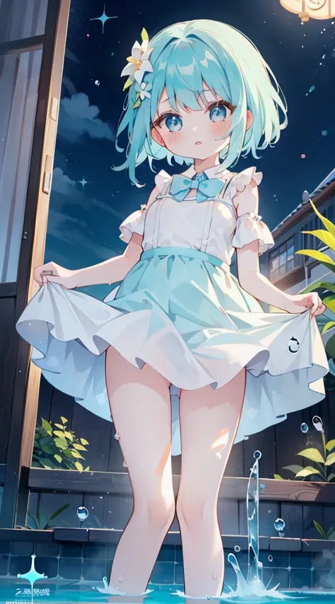 One girl、natta、swimming pools、Night Pool、summer  dress、skirt lift, upskirt, splash water、cute little、Blue-haired、light blue  eyes、​masterpiece、top-quality、Top image quality