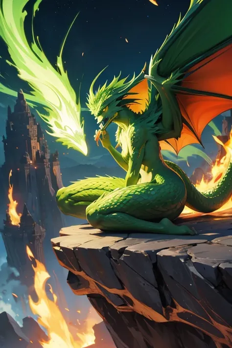 Green dragon with flaming wings exhales fire on top of a cliff. The Flaming Dragon breathes fire, volcanes, respirando fuego. energy elements, aura, Onda, particles, and harmony.