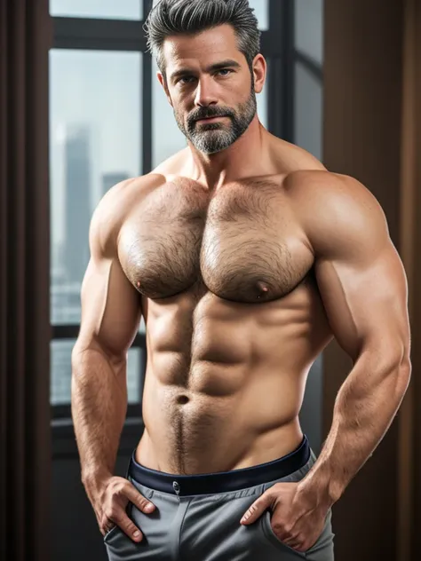 masterpiece, best quality, high resolution, closeup portrait, male focus, solo focus, muscular, burly, hairy, male, (no shirt: 1.2), photo,realistic, detailed background, A handsome man, 45 years old, Grey hair, suit, chest showing, beard, body hair, legs ...