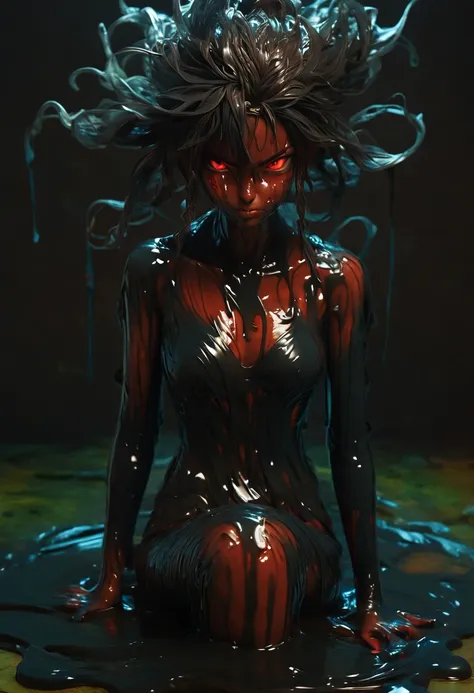 full length view, demon girl, glossy, top view, tanned skin, slime, black slime, gooey, manga style, mysterious, red eyes, perfe...