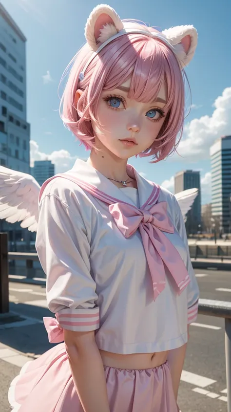 skistyle, 1girl, solo, pink hair, animal ears, blue eyes, wings, looking at viewer, bangs, short hair, bow, sailor collar, white...