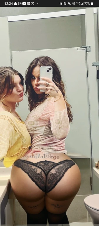 two women taking a selfie in a mirror in a bathroom, bella thorne and megan fox, high quality upload, snapchat photo, mirror selfie, beautiful girls, posing!!, profile image, lana del rey and zoë kravitz, 💋 💄 👠 👗, profile picture, selfie photo, profile pic...