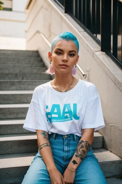 Street photography, striking facial features woman, pastel hair, side shaved, wearing t-shirt, arms tattoos, cinematic lighting, siting on concrete stairs, shot on Fujifilm XT3 