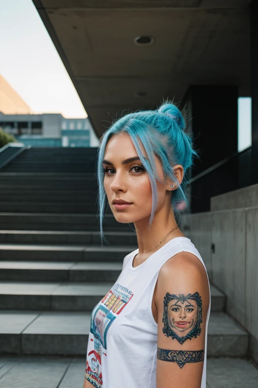 Street photography, striking facial features woman, pastel hair, side shaved, wearing t-shirt, arms tattoos, cinematic lighting, siting on concrete stairs, shot on Fujifilm XT3 