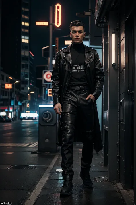 Create a 3D illustration featuring a realistic 20 years-old beautiful cyberpunk sci-fi male boy bike riding"Ducati V4s back colour " The character should have full black cyberpunk realistic lougcoat pant and tie, with shoes, with the hear styles medium, us...