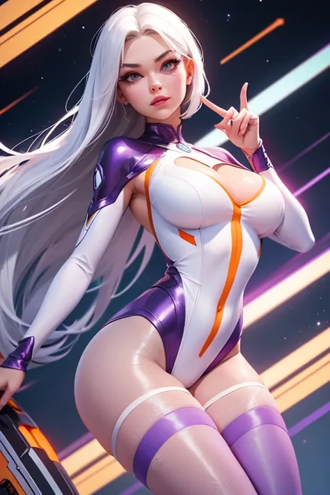 Best quality, 8K, vivid color, woman retro futurism, static pose, looking to observer, white hair, long eyelashes, ALL light orange shiny leotard, cleavage, metalic details, light purple pantyhose, neutral blanc scenario