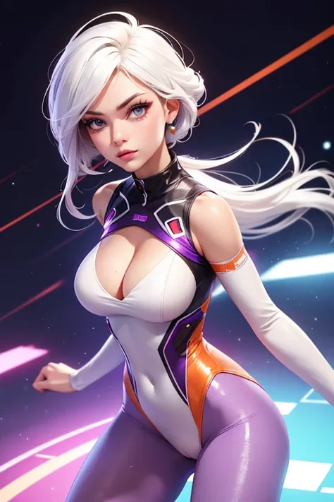 Best quality, 8K, vivid color, woman retro futurism, static pose, looking to observer, white hair, long eyelashes, ALL light orange shiny leotard, cleavage, metalic details, light purple pantyhose, neutral blanc scenario