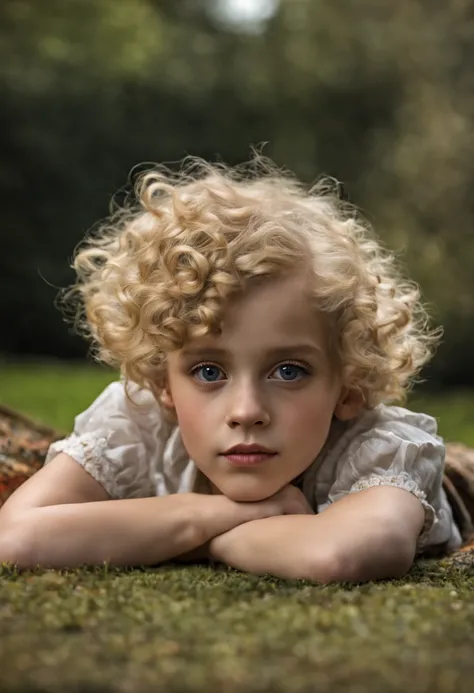 Extrememly realistic wean aged 5 with blonde curly hair recumbent on a carpet with a ball, black mountain college, bloomsbury group, portraiture style of edwardian beauty, layered textures , elegantly formal (Rembrandt Lighting), zeiss lens, ultra realisti...