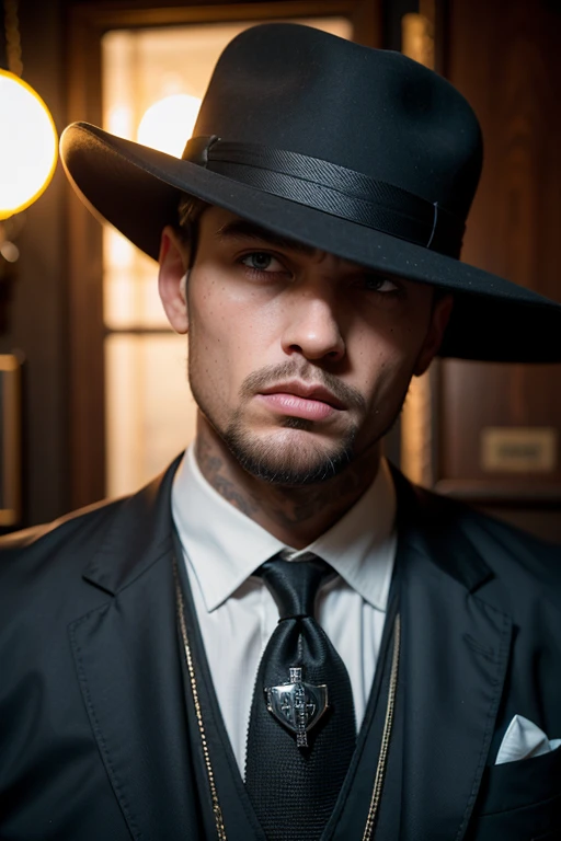 Huge man, gangster, black hat with brim in the style of the 30s, strict black suit, in an old bar, threatens , eye contact, looks at the viewer, masterpiece, best quality, perfect detail, perfect face detail, perfect eye detail, perfect detail  skin, depth...