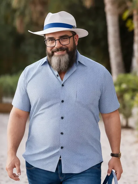 Veste roupas da moda, mesa,alta qualidade,altamente detalhado,cena intensa, solid, Gritty Reality Scenario for 42 Year Old Sexy Fat Bearded Man,cheio de suor,corpo todo,barriga grande, ((wearing prescription glasses or sport glasses )), smiling Laughing ex...