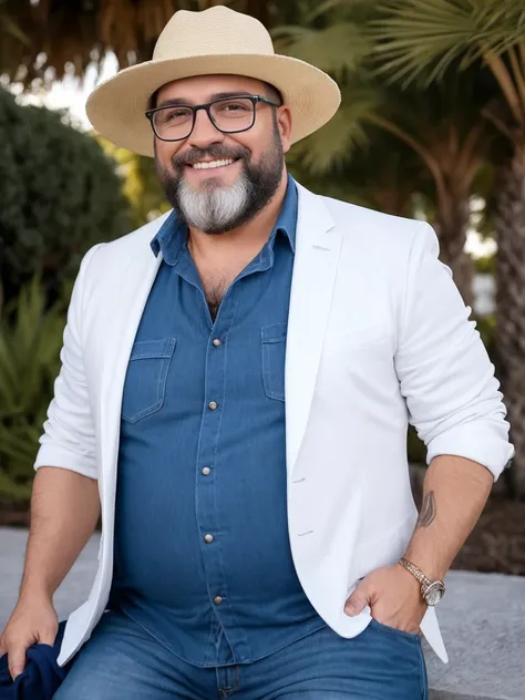 Veste roupas da moda, mesa,alta qualidade,altamente detalhado,cena intensa, solid, Gritty Reality Scenario for 42 Year Old Sexy Fat Bearded Man,cheio de suor,corpo todo,barriga grande, prescription glasses or sport glasses , smiling Laughing expression of ...