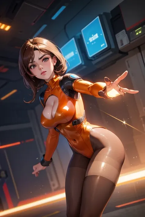 Best quality, 8K, vivid color, woman retro futurism, static pose, looking to observer, brown hair, long eyelashes, light brown shiny leotard, cleavage, metalic details, light orange pantyhose, neutral sci-fi scenario