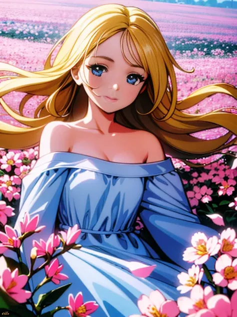 Best quality, masterpiece, ultra high res, 2D illustration, solo, 1 girl, blonde hair, blue eyes, white dress, off shoulder, blossom flower field, glowing skin, light smile