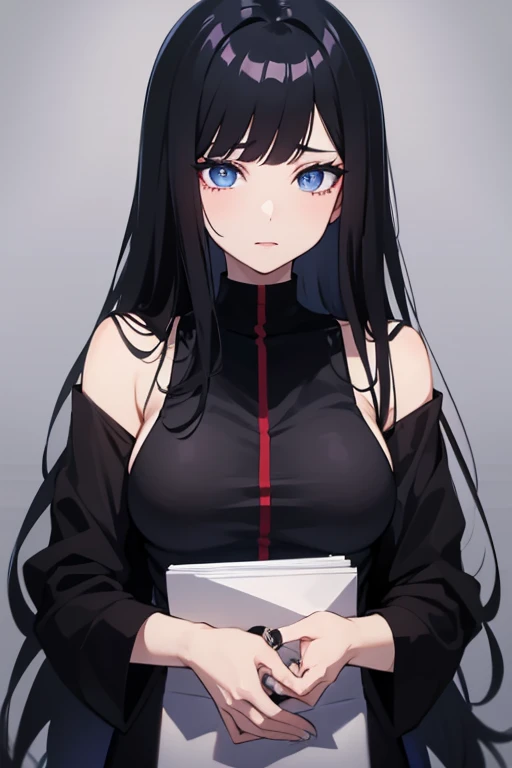 anime girl with long black hair and blue eyes staring at the camera, she has black hair with bangs, black hair and large eyes, beautiful anime portrait, girl with black hair, she has black hair, 25 years old anime goth girl, stunning anime face portrait, s...