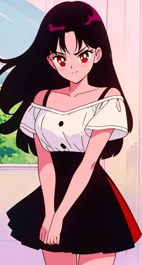 best quality, masterpiece, 1 girl, solo, light smile, looking at viewer, medium black hair, red eyes, seductive expression, look at viewer, white short sleeves off shoulder shirt , black high waist short skirt, best quality, hires, detailed face, detailed ...