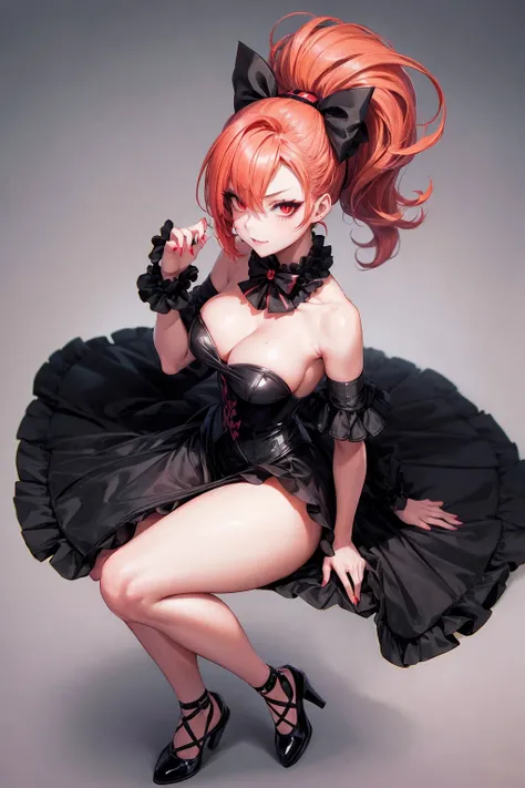 Create a sinister and seductive anime woman with peach colored hair done up in a ponytail with a large black bow. She has mischievous red eyes with makeup. 1girl, red eyes, high resolution, high-quality, scenic background, elegant pose, full body