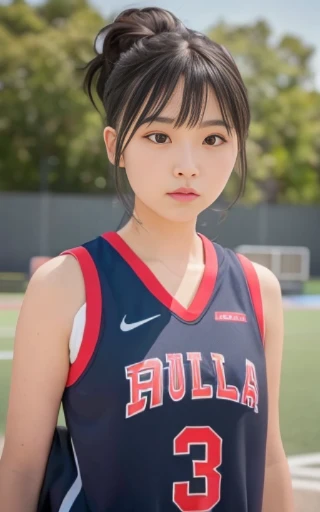 Have a basketball,sportswear for basketball, adorable, japanese girl,  hair black hair, hair scrunchie, (high color saturation:1.0), highest quality, ultra high resolution, photo-realistic, Super detailed, 8K, RAW photo