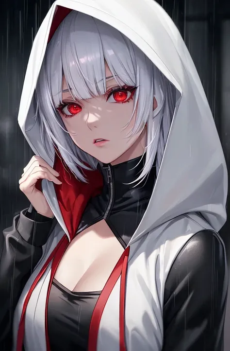 kk, best quality, more details, masterpiece, 1girl, kaneki ken, portrait, male focus, red eyes, solo, bangs, looking at viewer, hood, short hair, rain, tokyo tokyo (hell),  hood up, nail polish, white hair, luxurious, 8k, detailed, ray tracing, depth of fi...