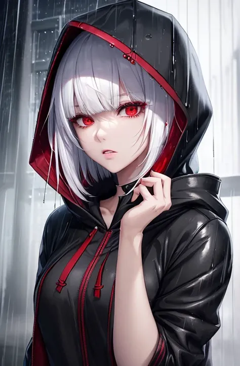 kk, best quality, more details, masterpiece, 1girl, kaneki ken, portrait, male focus, red eyes, solo, bangs, looking at viewer, hood, short hair, rain, tokyo tokyo (hell),  hood up, nail polish, white hair, luxurious, 8k, detailed, ray tracing, depth of fi...