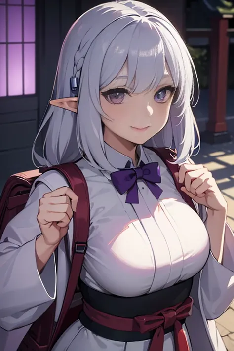 Young Elf Girl, gray hair, purple eyes, wearing white and purple royal robes, outside the mansion, Day, realistic lighting, masterpiece, high detail, fine eyes, detailed face, smile gently, medieval anime art,(((red Japanese school backpack)))