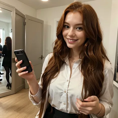 Ginger woman with very curly long hair marketing manager Business hyperrealistic looking at smartphone and smiling 