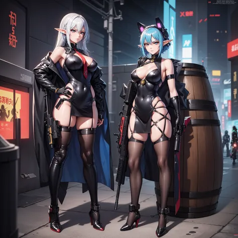 araffe dressed in a costume and holding a gun standing next to a barrel, 2 b, 2b, cyberpunk angry gorgeous goddess, in cyberpunk style, v from devil may cry as an elf, inspired by Masamune Shirow, ayaka cosplay, cyberpunk femme fatale, from girls frontline...