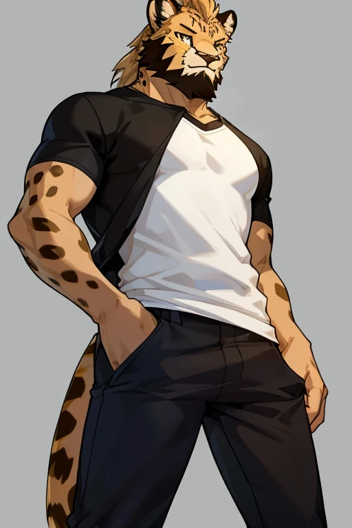 cheetah-human, male, taller, black pants, white t-shirt, solo, non-human, teen, cheetah-man, beard