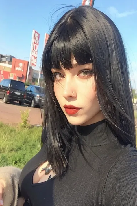 mulher arafa de cabelo preto e batom vermelho segurando um celular, cabelo preto com franja, ela tem cabelo preto com franja, goth girl aesthetic, franja preta, 1 7 - year - old goth girl, goth girl, pale gothic beauty, gothic aesthetic, cabelo preto na al...