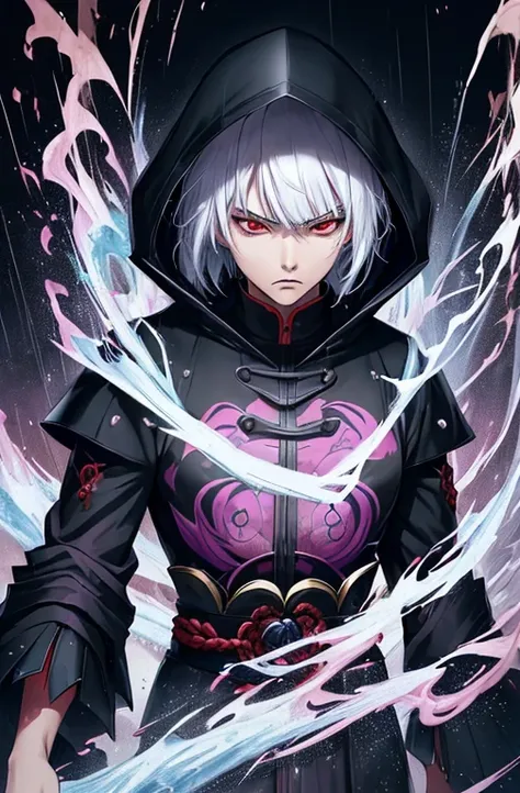 kk, best quality, more details, masterpiece, 1girl, kaneki ken, portrait, male focus, red eyes, solo, bangs, looking at viewer, hood, short hair, rain, tokyo tokyo (hell), hood up, nail polish, white hair, luxurious, 8k, detailed, ray tracing, depth of fie...