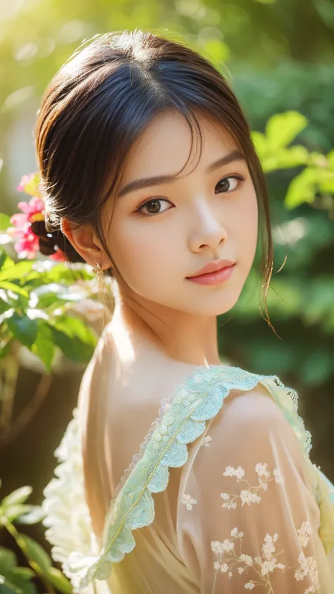 Girl with exquisite facial details, Beautiful lips and eyes, Chinese beauty, in a garden, Wearing a traditional cheongsam, With a graceful posture and a calm look. She is surrounded by blooming flowers and lush greenery. Sunlight gently penetrates through ...