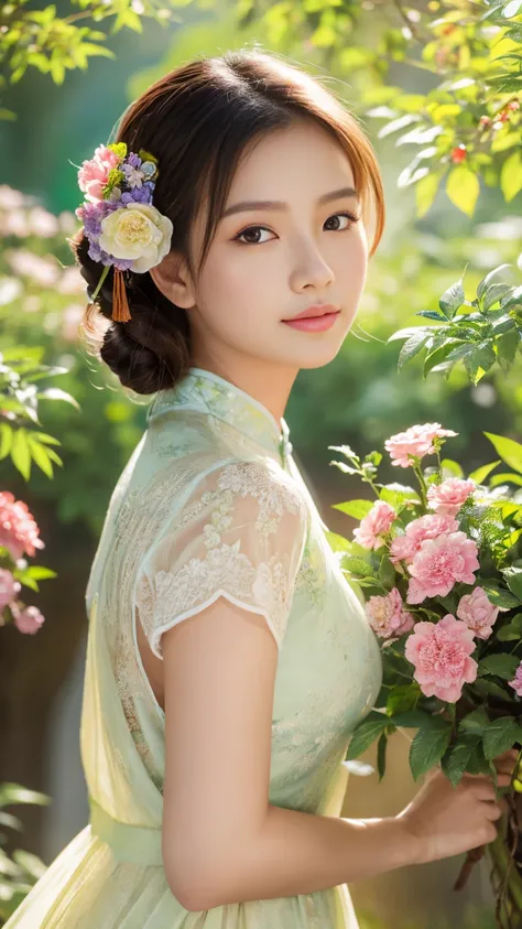 Girl with exquisite facial details, Beautiful lips and eyes, Chinese beauty, in a garden, Wearing a traditional cheongsam, With a graceful posture and a calm look. She is surrounded by blooming flowers and lush greenery. Sunlight gently penetrates through ...