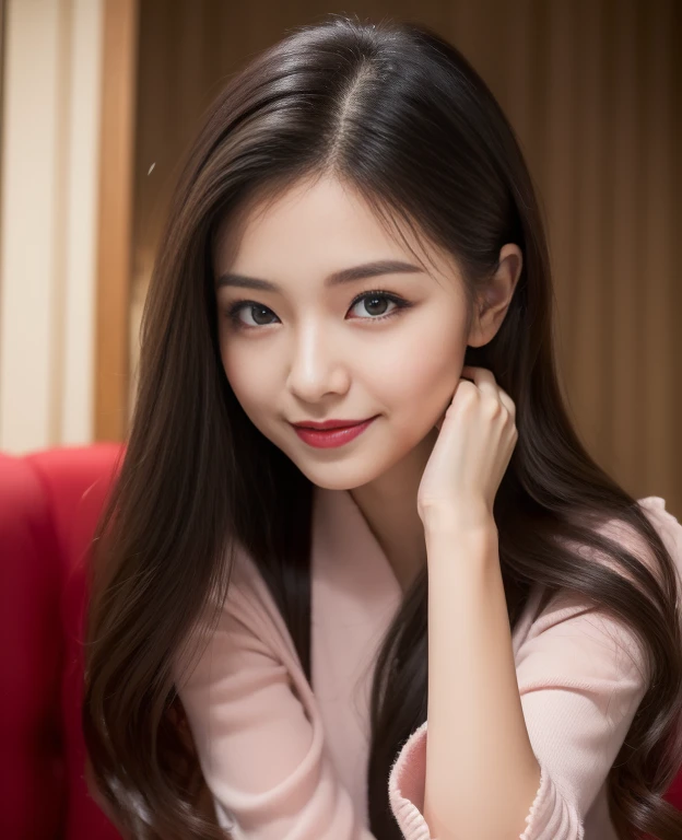 ((Top quality, 8K, Masterpiece: 1.3)), Beautiful girl, Pure, Melon face, Kind and cute, Sweet smile, Pure desire, Slender body, (Front), (Tilted head), ((Looking at camera) ), wearing a raspberry ripple colored suit, black silky long hair, long flowing sho...