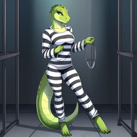 solo, female, scalie, green eyes, lizard, smiling, green skin, green body, muscular, detailed hands, ((priclothes)), ((striped c...