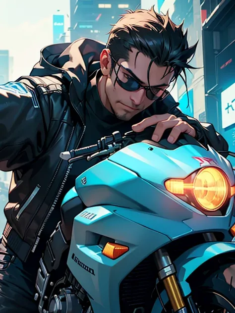 (hiperrealismo:1.1),(Detalle:1.2)8k,Cyberpunk hombre con casco en una moto futurista, , 8k, ultra realista, Comprobar antecedentes,bokeh (estilo ciberpunk), dynamic perspective