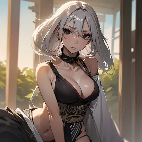 (((Alone))),(((Woman))),(((Thin waist))),(((Average breasts))),(((Light skin))),(((Gray Hair))),(((Serene black eyes))),(((Beautiful face))),(((Wearing tribal clothes)))