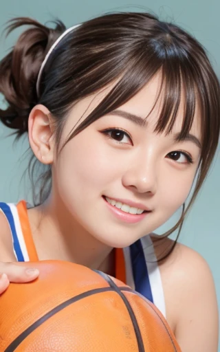 head shot,dribbling a basketball,,smile,sportswear for basketball, adorable, japanese girl, Hair brown hair,Braid, hair scrunchie, (high color saturation:1.0), highest quality, ultra high resolution, photo-realistic, Super detailed, 8K, RAW photo NSFW