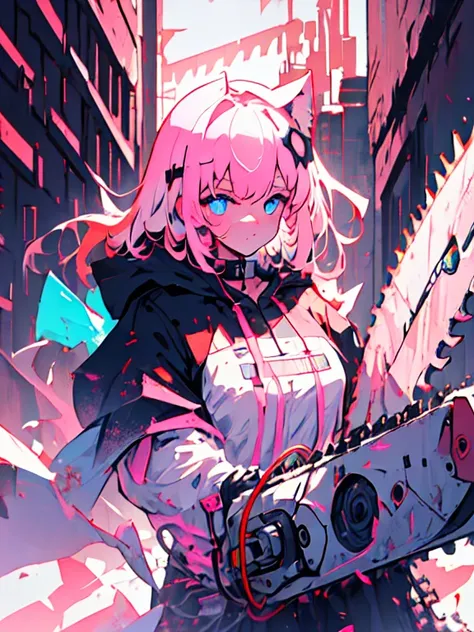 (best quality, highres, ultra-detailed, masterpiece:1.2), dark atmosphere, pink hair, captivating, blue eyes, cyberpunk art, machine parts, hiding the machine piece with a cloak, enormous chainsaw, food for black cat ears, gloomy lighting