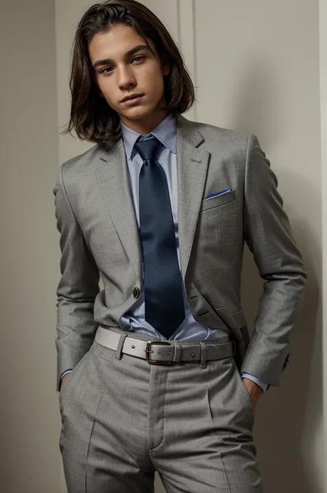 A teen 13 male wearing a suit tight a tight tie nd fully buttoned tucked in and with belt